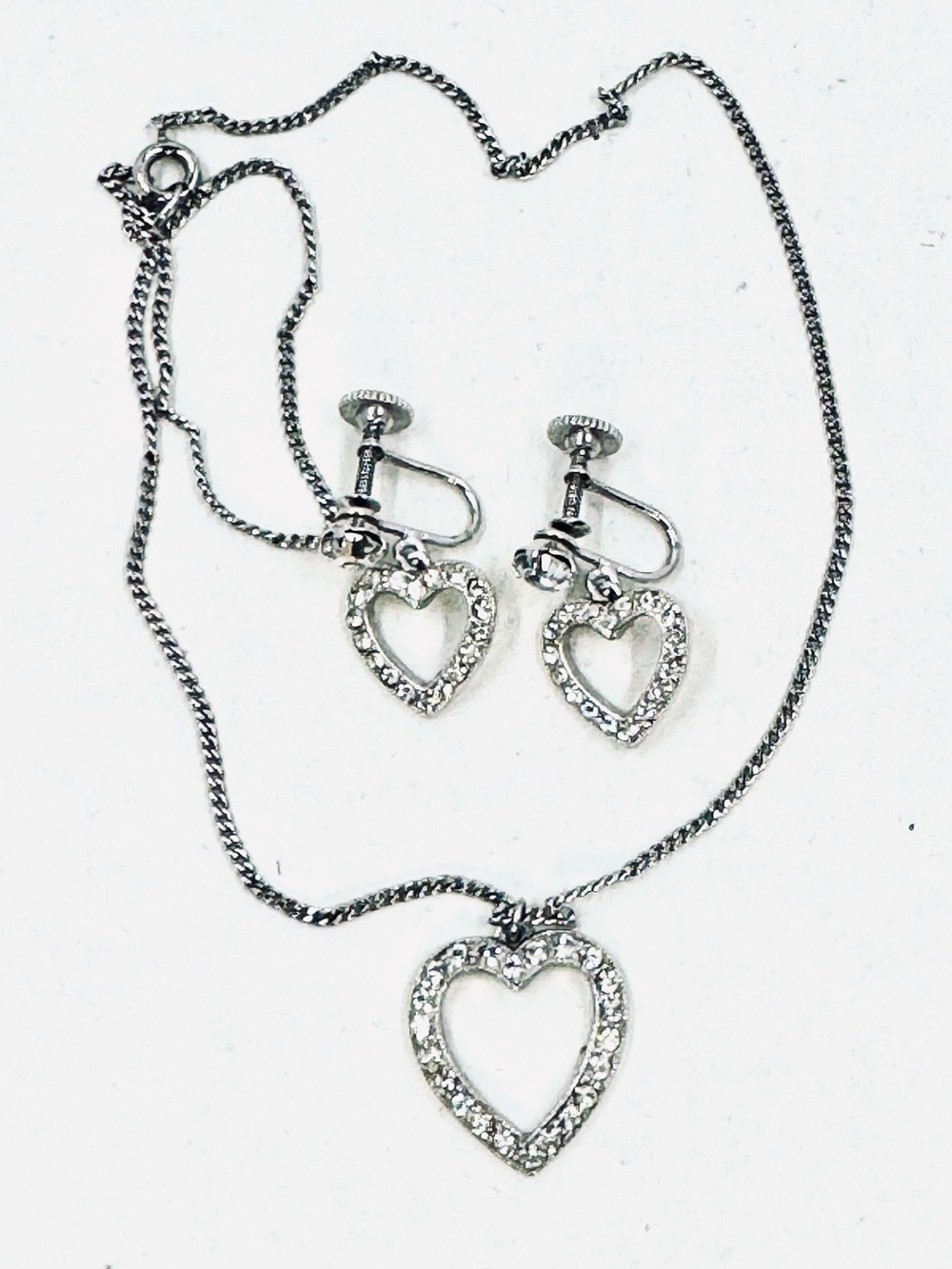 Weiss Vintage Silver Tone Heart Pendant Necklace & Earrings Set W/Clear Crystals